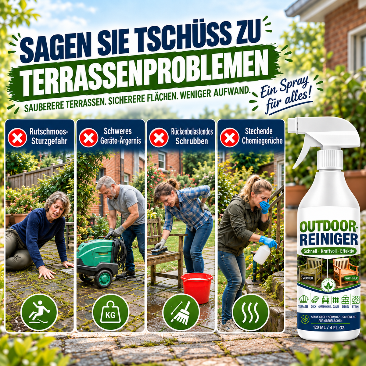 🌿 NUR FÜR KURZE ZEIT 50 % RABATT! Outdoor-Oberflächenreiniger, schnell wirkender Fleckenentferner für Terrassen, Holzmöbel & Außenflächen