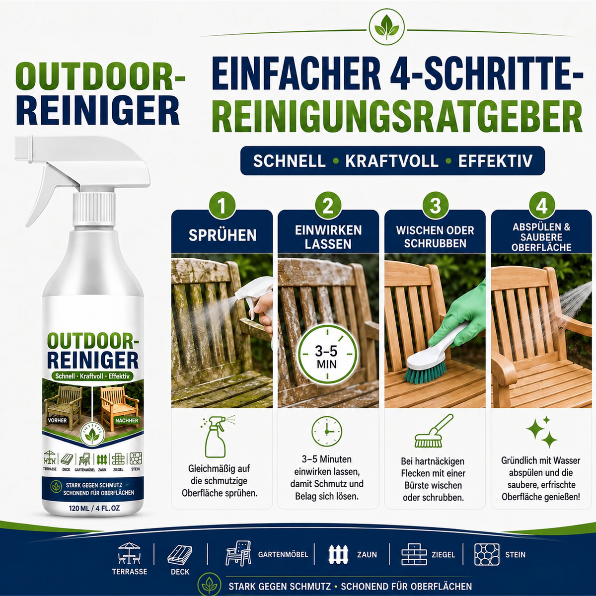 🌿 NUR FÜR KURZE ZEIT 50 % RABATT! Outdoor-Oberflächenreiniger, schnell wirkender Fleckenentferner für Terrassen, Holzmöbel & Außenflächen