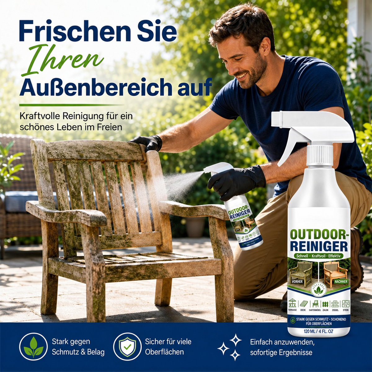 🌿 NUR FÜR KURZE ZEIT 50 % RABATT! Outdoor-Oberflächenreiniger, schnell wirkender Fleckenentferner für Terrassen, Holzmöbel & Außenflächen