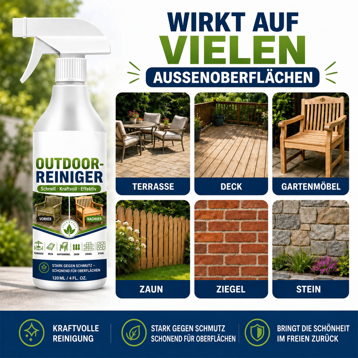🌿 NUR FÜR KURZE ZEIT 50 % RABATT! Outdoor-Oberflächenreiniger, schnell wirkender Fleckenentferner für Terrassen, Holzmöbel & Außenflächen