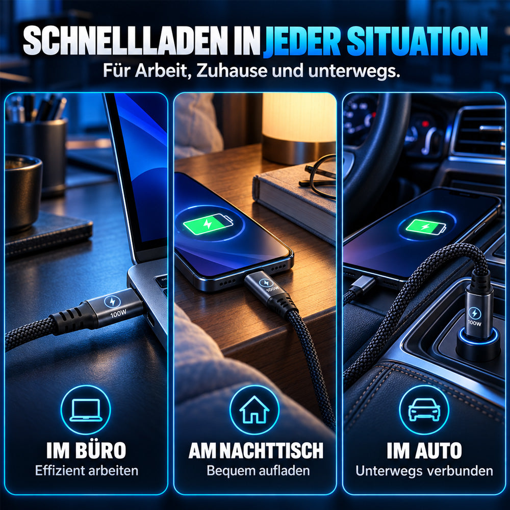⚡⚡50% Rabatt！🔋100W USB Schnellladekabel – Geflochten, Robust & mit Überladeschutz🛡️