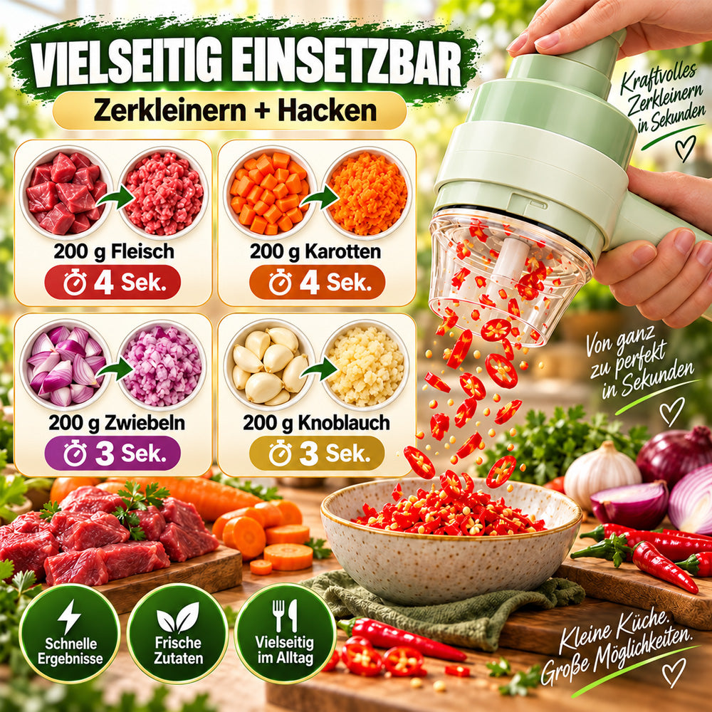 🧄🔄4-in-1 elektrisches Gemüseschneider-Set – kabellose Multifunktions-Küchenmaschine
