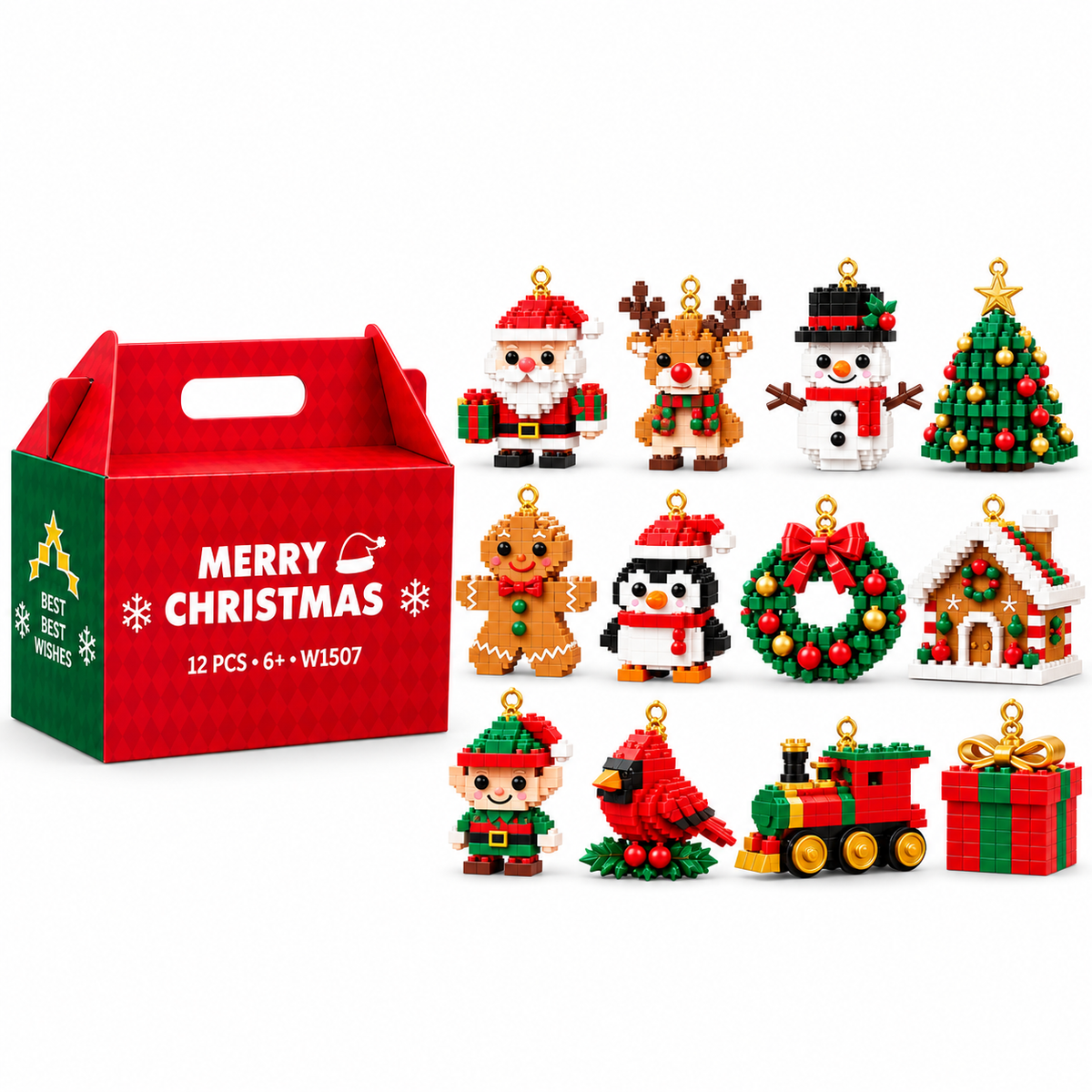 🎄 24-tägiger Mini-Weihnachtsschmuck-Adventskalender | 24 einzigartige, festliche Bastelvorlagen zum Zusammenbauen mit Aufhängeschlaufen – perfekt zum Schmücken von Weihnachtsbäumen, Kränzen und Weihnachtsdekorationen 🧱
