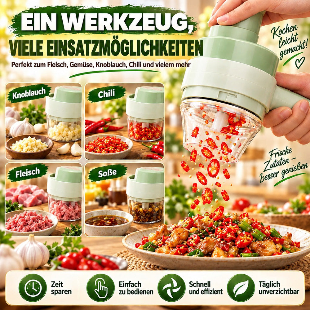🧄🔄4-in-1 elektrisches Gemüseschneider-Set – kabellose Multifunktions-Küchenmaschine