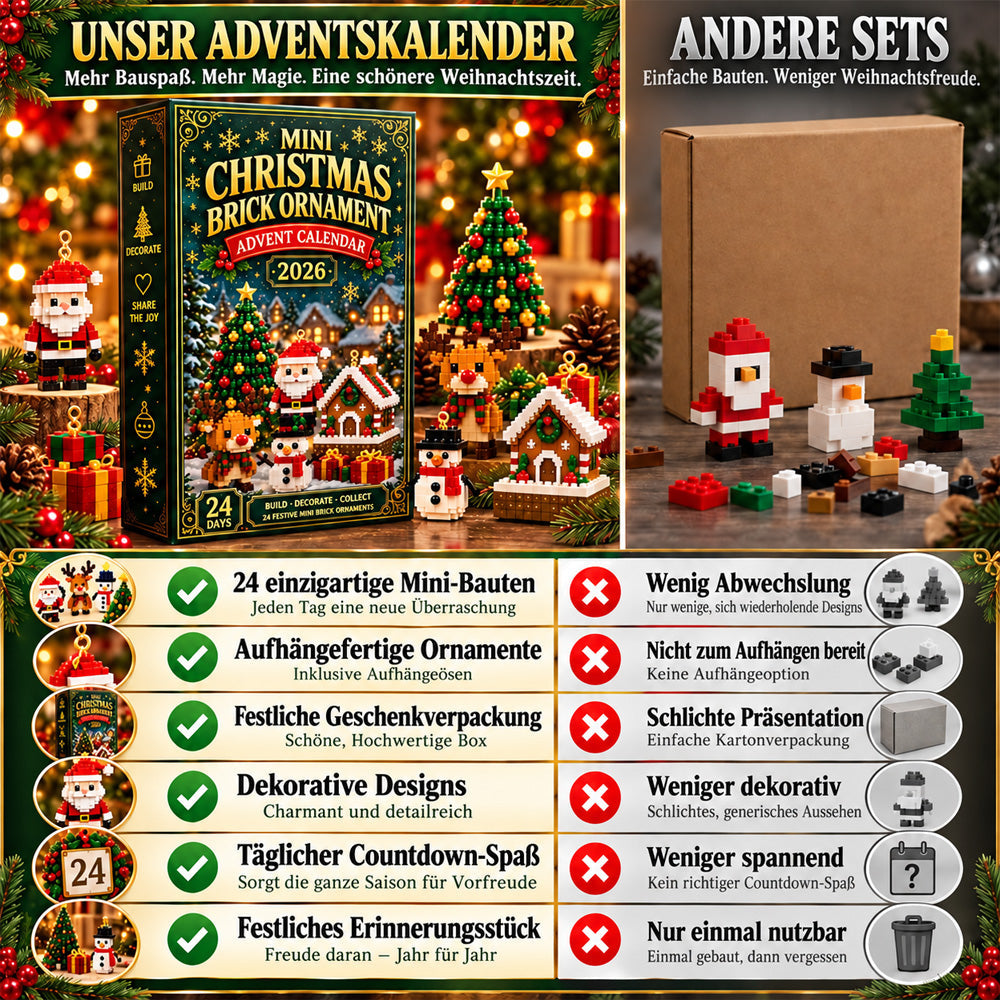 🎄 24-tägiger Mini-Weihnachtsschmuck-Adventskalender | 24 einzigartige, festliche Bastelvorlagen zum Zusammenbauen mit Aufhängeschlaufen – perfekt zum Schmücken von Weihnachtsbäumen, Kränzen und Weihnachtsdekorationen 🧱