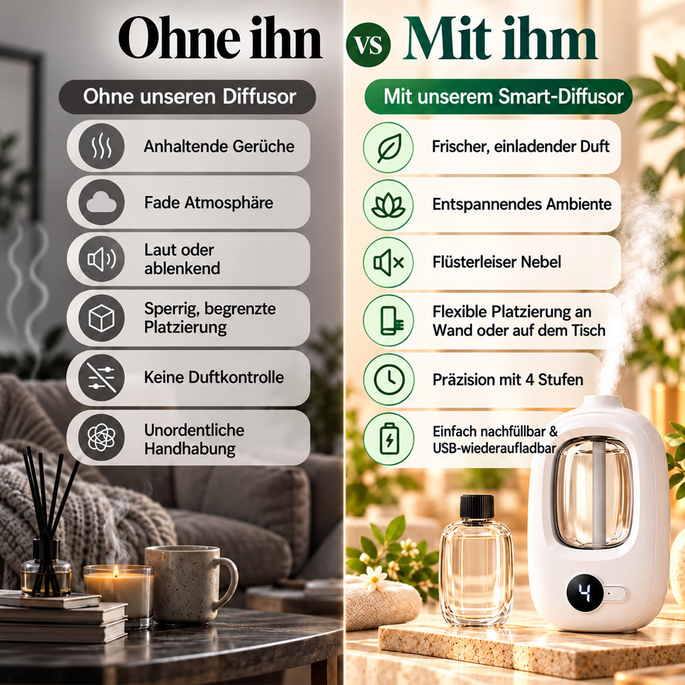 📢📢50 % RABATT! ⏰🎶Kabelloser Aroma-Diffusor mit Sandelholzduft – 4 Timer, leiser Betrieb & elegantes Dufterlebnis🌿💡