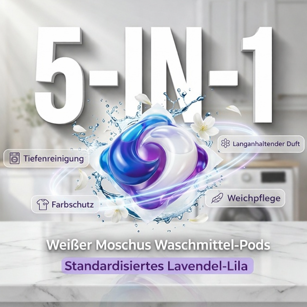 🌸🧺 5-in-1 Waschmittelkapseln mit weißem Moschus – entfernt Flecken & schont Fasern ✨💧 80 Stück, langanhaltend frisch, ideal für Haushalt & Reise.