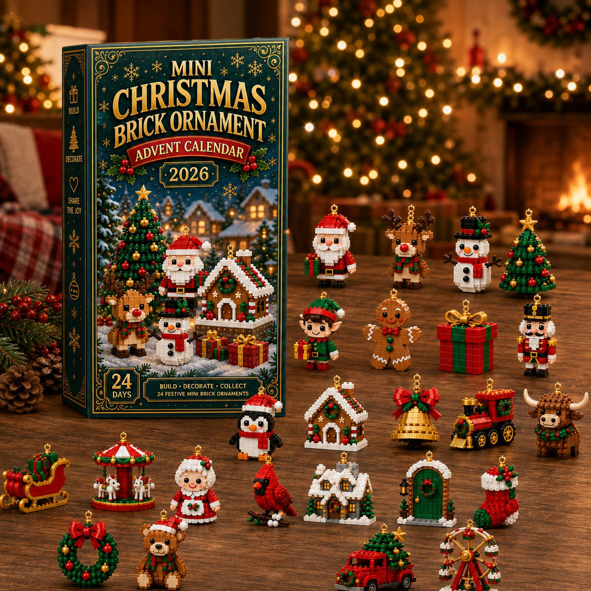 🎄 24-tägiger Mini-Weihnachtsschmuck-Adventskalender | 24 einzigartige, festliche Bastelvorlagen zum Zusammenbauen mit Aufhängeschlaufen – perfekt zum Schmücken von Weihnachtsbäumen, Kränzen und Weihnachtsdekorationen 🧱