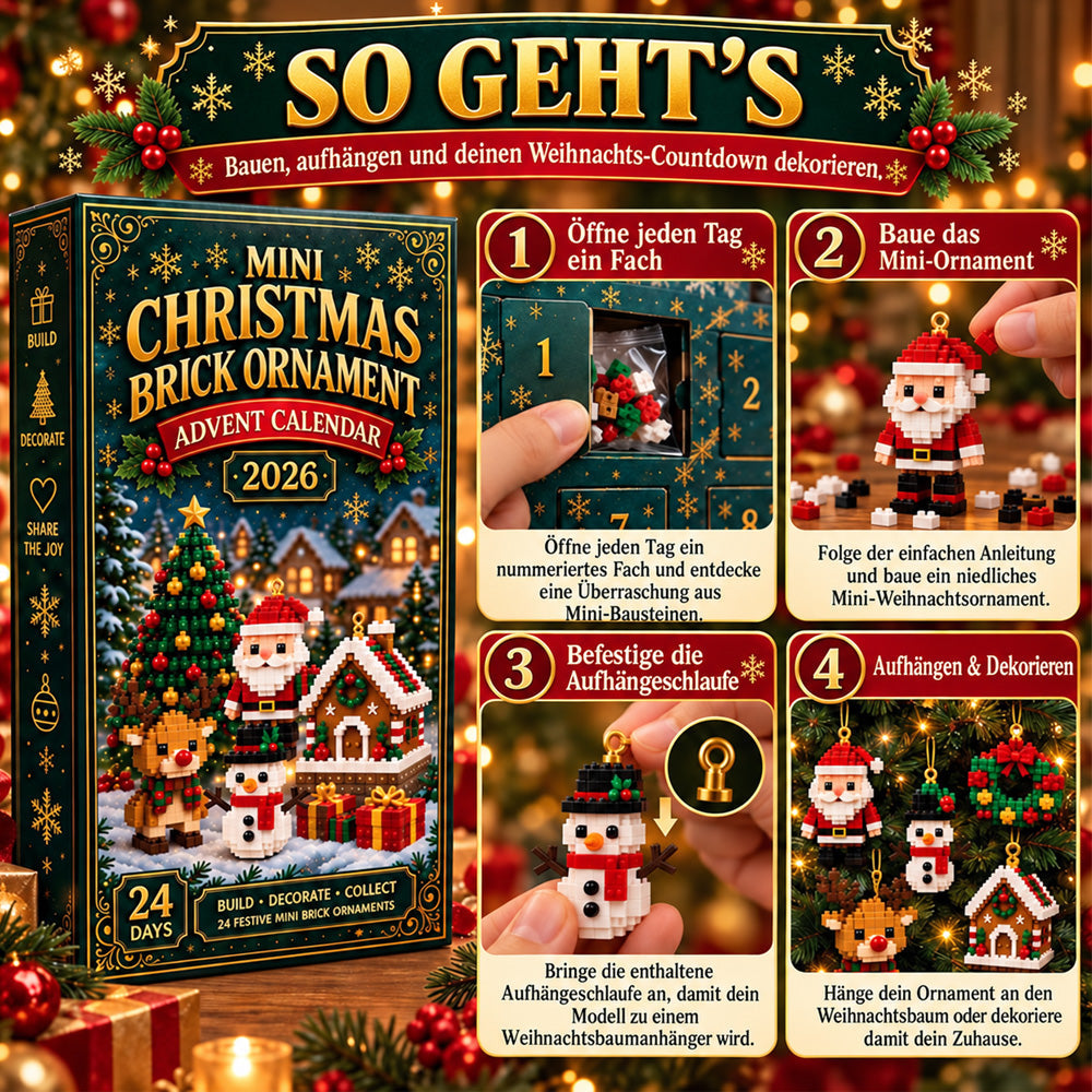 🎄 24-tägiger Mini-Weihnachtsschmuck-Adventskalender | 24 einzigartige, festliche Bastelvorlagen zum Zusammenbauen mit Aufhängeschlaufen – perfekt zum Schmücken von Weihnachtsbäumen, Kränzen und Weihnachtsdekorationen 🧱