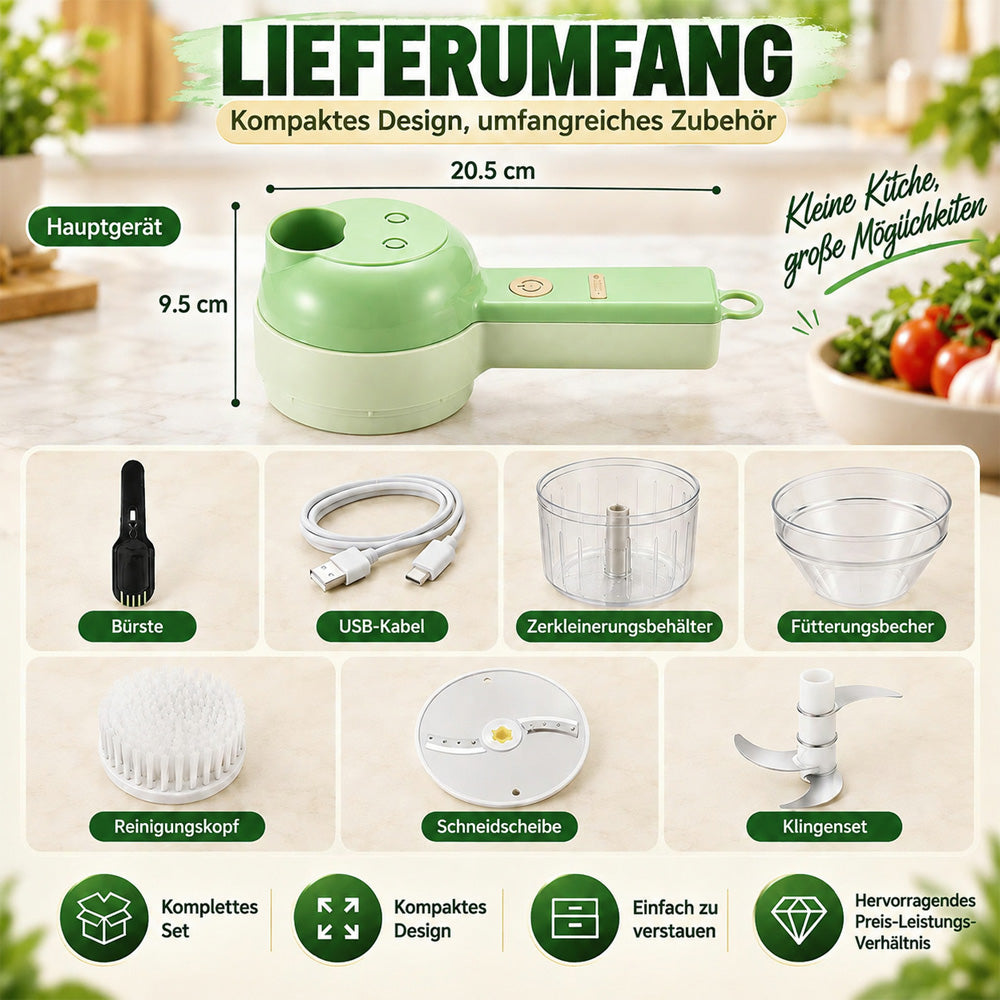 🧄🔄4-in-1 elektrisches Gemüseschneider-Set – kabellose Multifunktions-Küchenmaschine