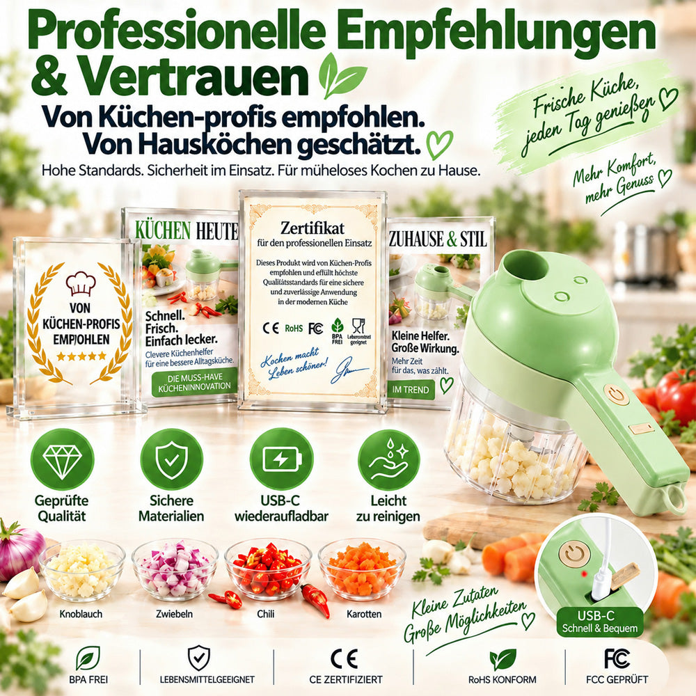 🧄🔄4-in-1 elektrisches Gemüseschneider-Set – kabellose Multifunktions-Küchenmaschine