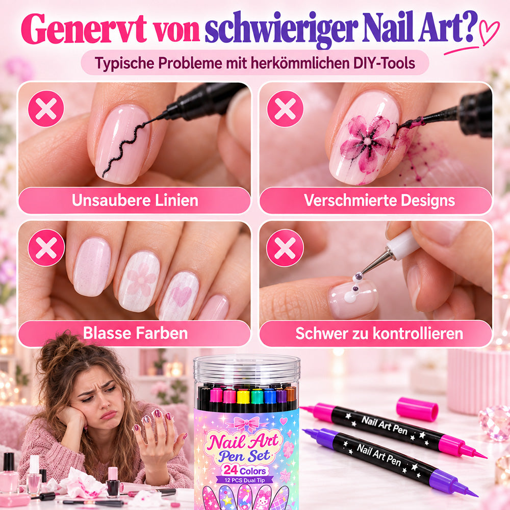 💅Mädchen lieben es💥 Nail Art Stift-Set mit 24 Farben | Für DIY Nageldesign, Mädchenabende & Kindergeburtstage – Doppelspitzen-Kein Nagelstudio nötig, Strahlende Nägel Zaubern✨