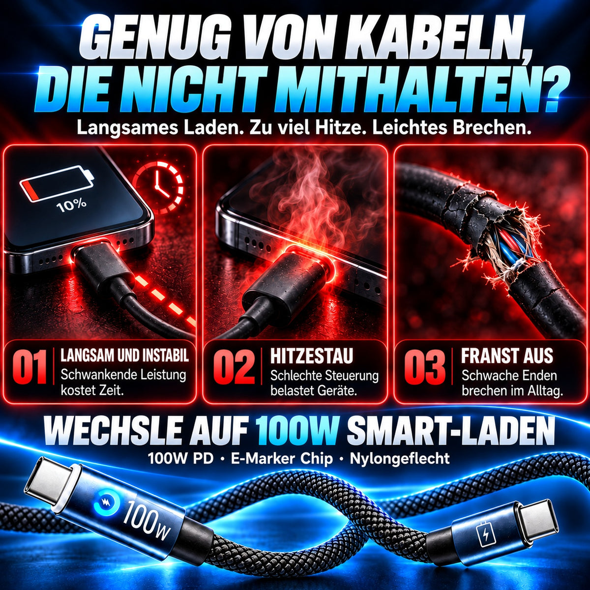 🔋100W USB Schnellladekabel –Schützen Sie Ihren Handyakku vor Beschädigung, Überhitzung und Kabelbruch | geeignet für alle elektronischen Geräte