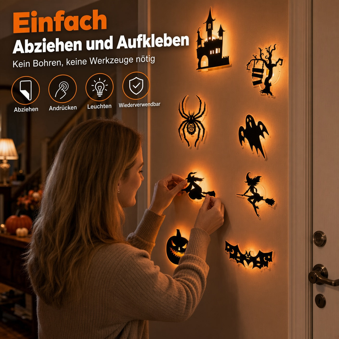 🎃Halloween-Wandaufkleber, die im Dunkeln leuchten✨ Sanftes LED-Licht 🩹 Einfach aufkleben