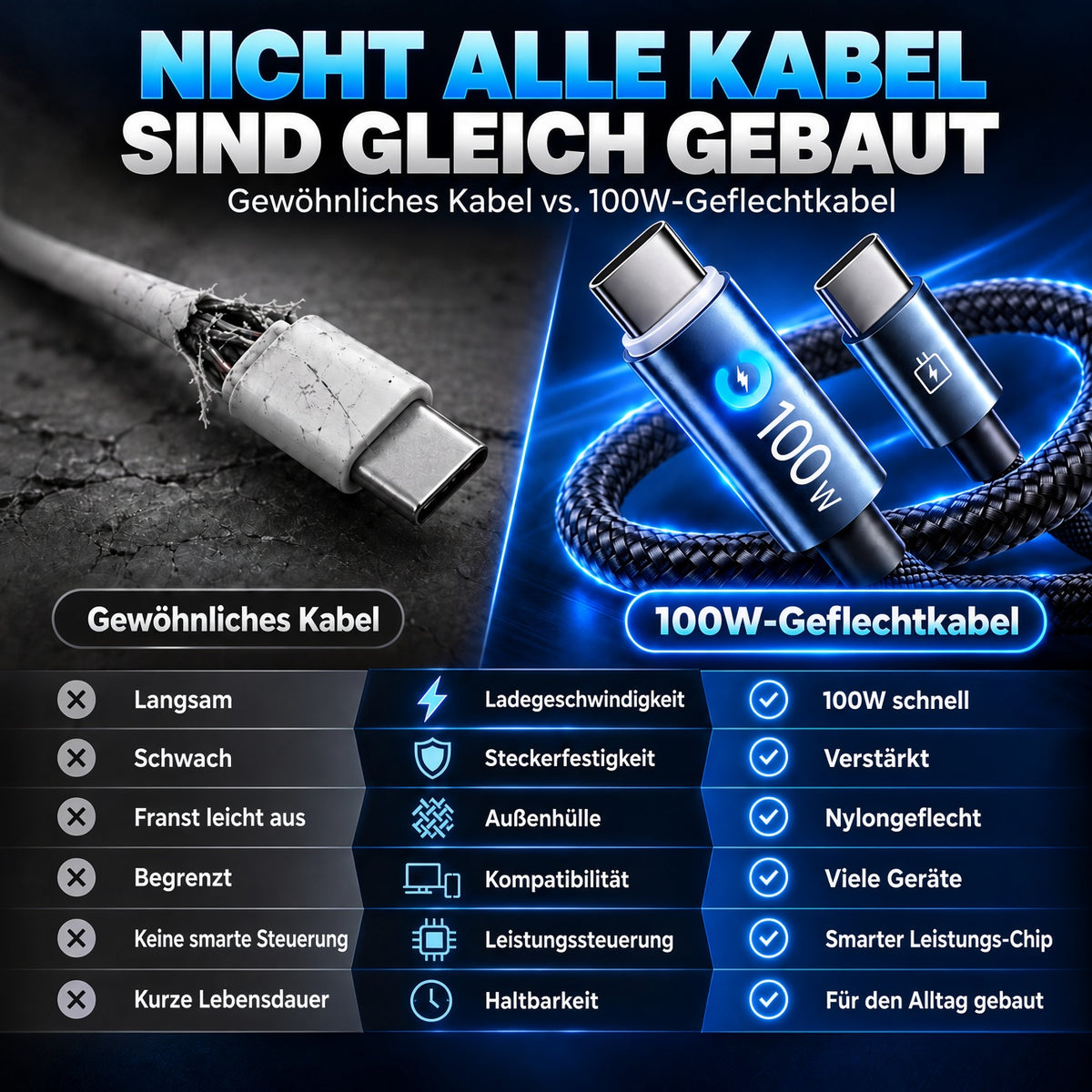 🔋100W USB Schnellladekabel –Schützen Sie Ihren Handyakku vor Beschädigung, Überhitzung und Kabelbruch | geeignet für alle elektronischen Geräte