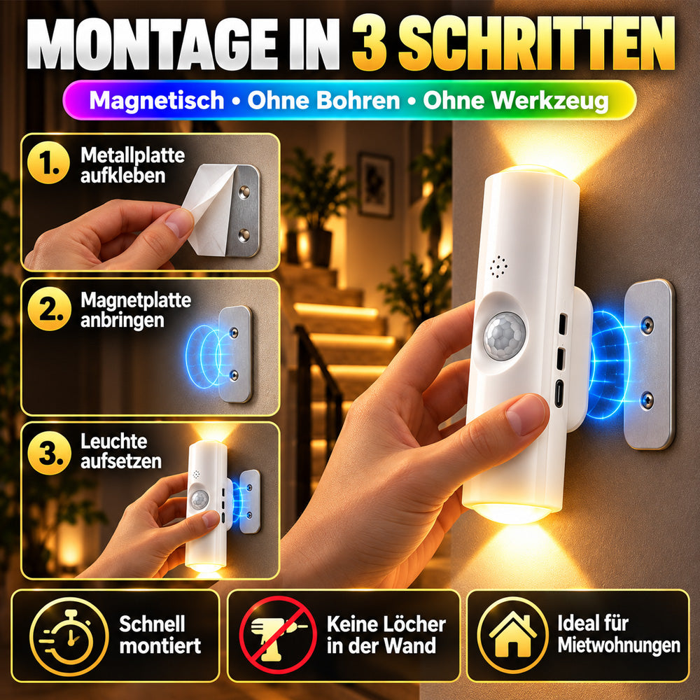 💸 -50% RABATT!!⏰Magnetische RGB-Bewegungsmelder-Nachtleuchte ✨ | Bohrfrei, kabellos, wiederaufladbare LED-Leuchte, ideal für dunkle Treppen, Flure und nächtliche Gänge