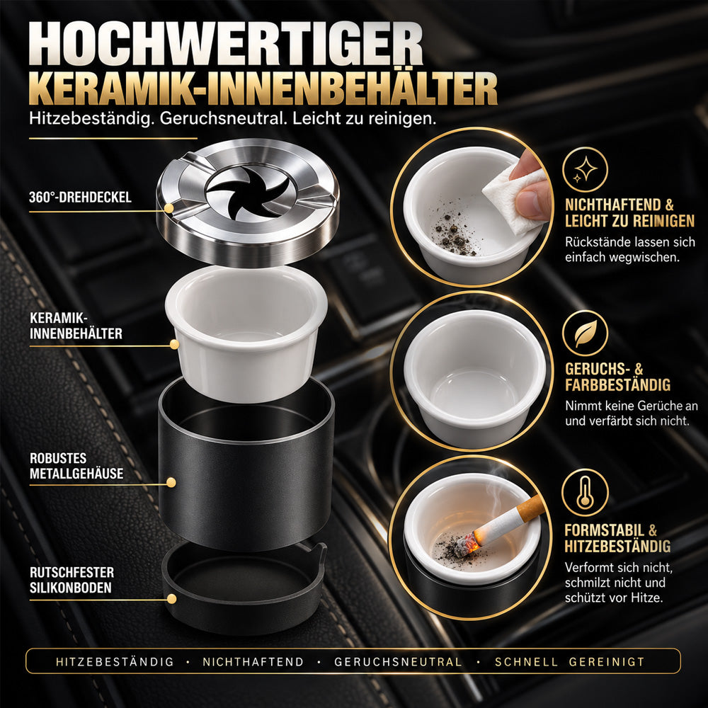 Drehbarer Aschenbecher mit Keramik-Einsatz, Geruchsdicht & Rutschfest – Für Auto, Zuhause, Büro & Camping – Passt in 99 % der Getränkehalter