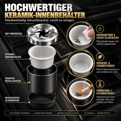Drehbarer Aschenbecher mit Keramik-Einsatz, Geruchsdicht & Rutschfest – Für Auto, Zuhause, Büro & Camping – Passt in 99 % der Getränkehalter