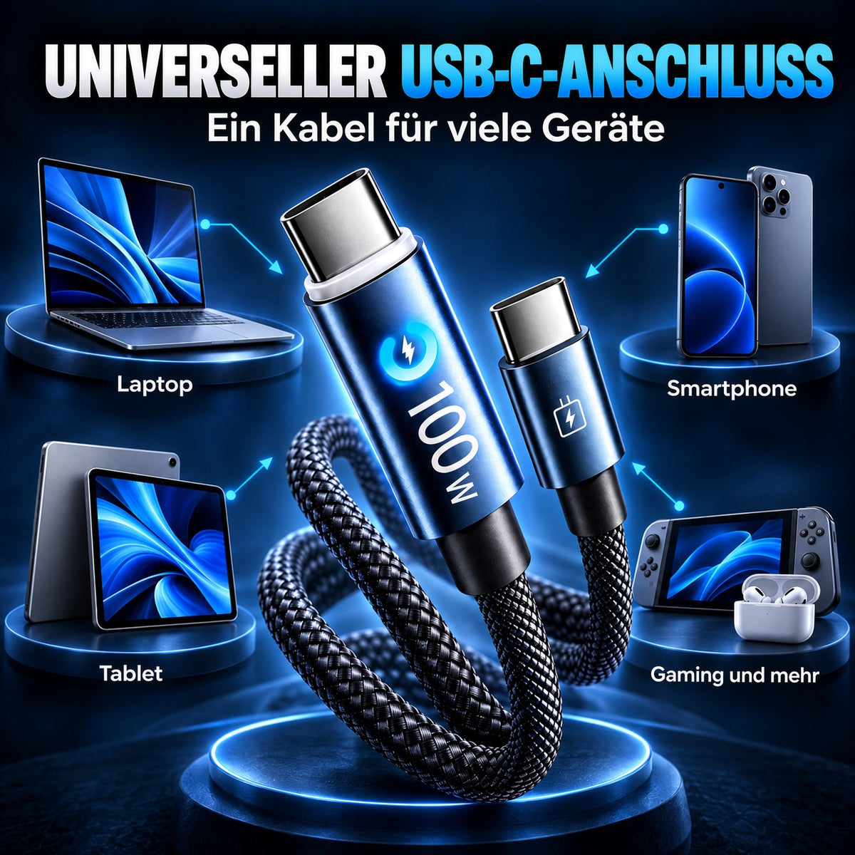 🔋100W USB Schnellladekabel –Schützen Sie Ihren Handyakku vor Beschädigung, Überhitzung und Kabelbruch | geeignet für alle elektronischen Geräte
