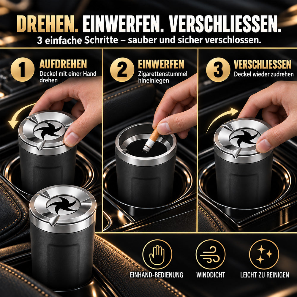 Drehbarer Aschenbecher mit Keramik-Einsatz, Geruchsdicht & Rutschfest – Für Auto, Zuhause, Büro & Camping – Passt in 99 % der Getränkehalter