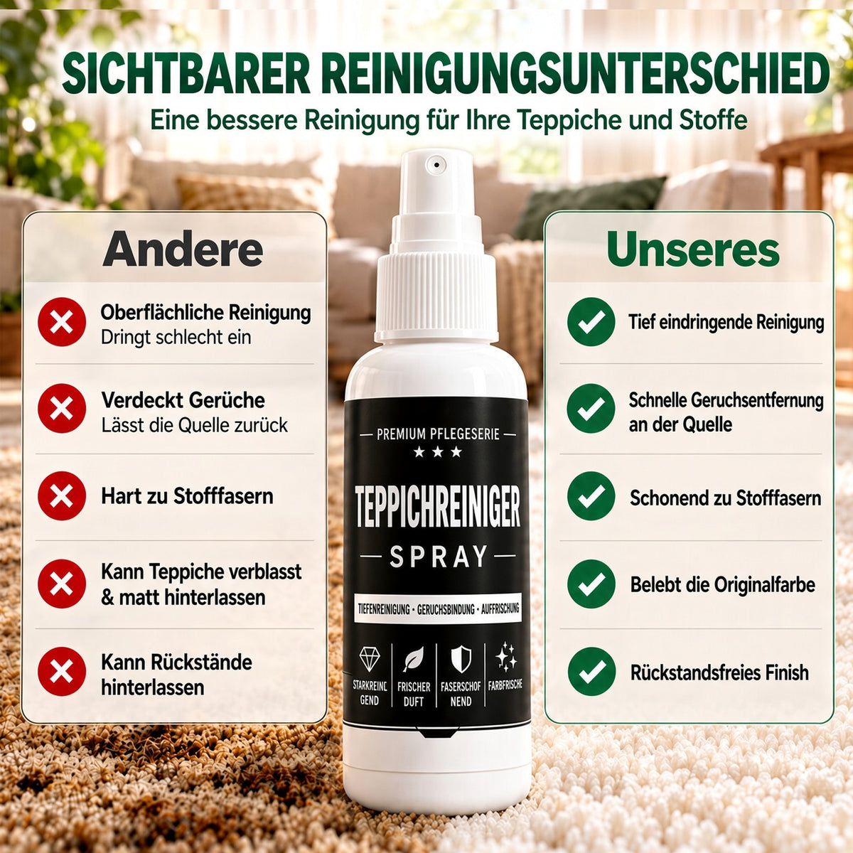 🏆 🏆 1 kaufen, 1 gratis erhalten! 🎁 Tiefenreinigendes Teppichspray – Kraftvolle Formel für Autoinnenräume, Sofas & Teppiche. Mühelose Fleckenentfernung! ✨