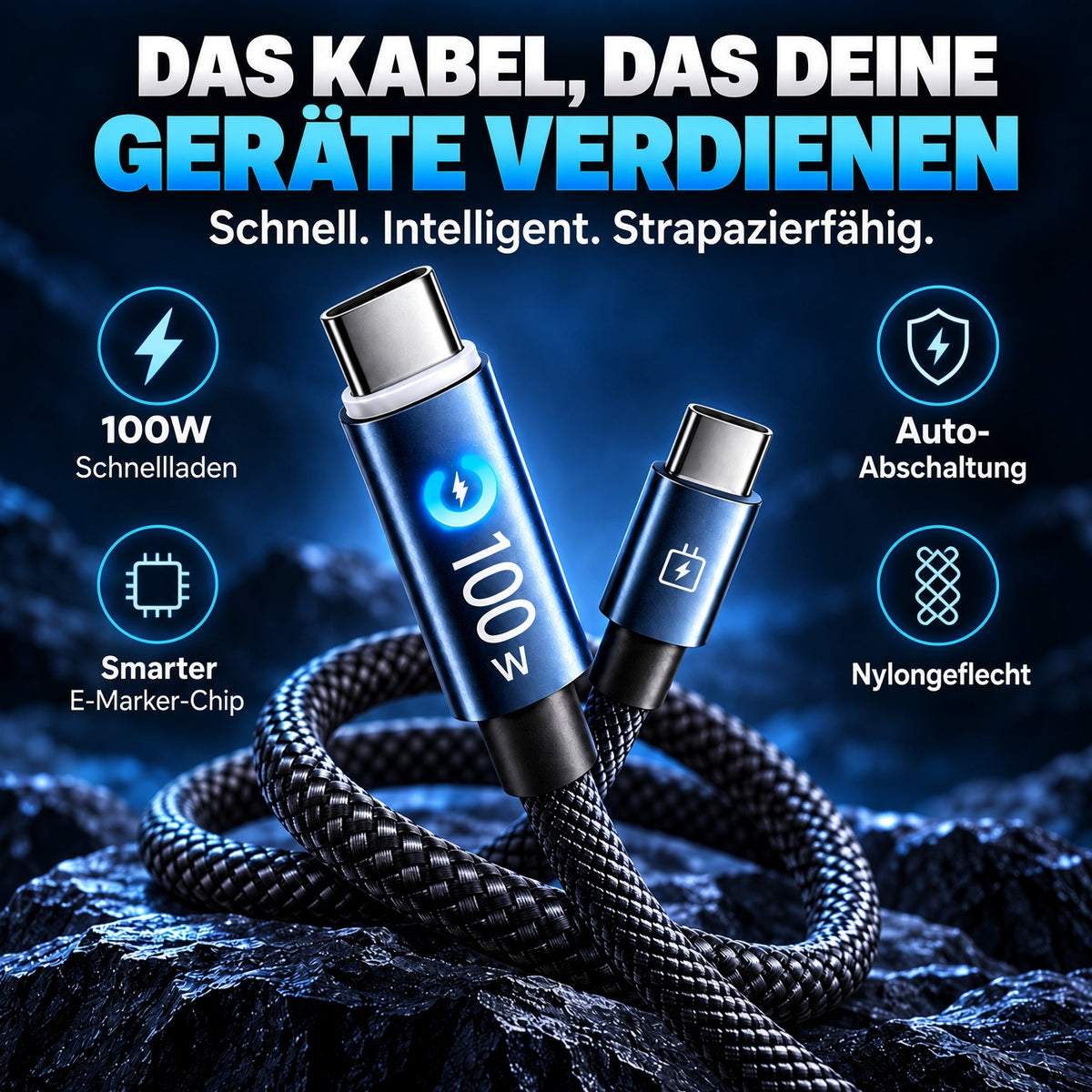 🔋100W USB Schnellladekabel –Schützen Sie Ihren Handyakku vor Beschädigung, Überhitzung und Kabelbruch | geeignet für alle elektronischen Geräte