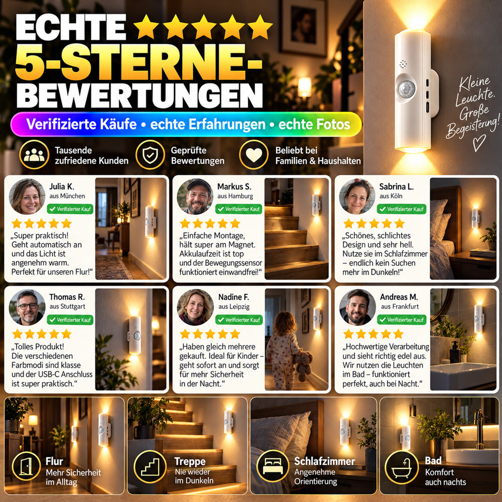 💸 -50% RABATT!!⏰Magnetische RGB-Bewegungsmelder-Nachtleuchte ✨ | Bohrfrei, kabellos, wiederaufladbare LED-Leuchte, ideal für dunkle Treppen, Flure und nächtliche Gänge