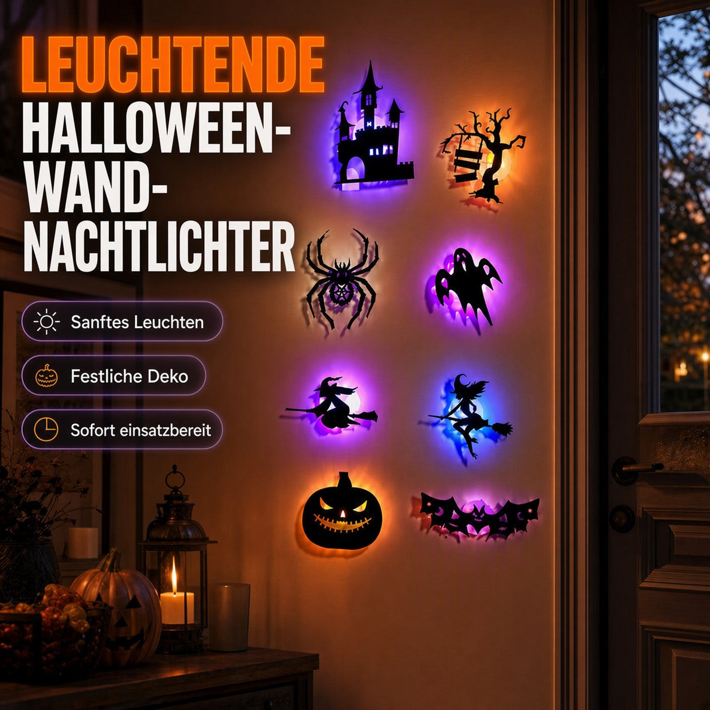 🎃Halloween-Wandaufkleber, die im Dunkeln leuchten✨ Sanftes LED-Licht 🩹 Einfach aufkleben