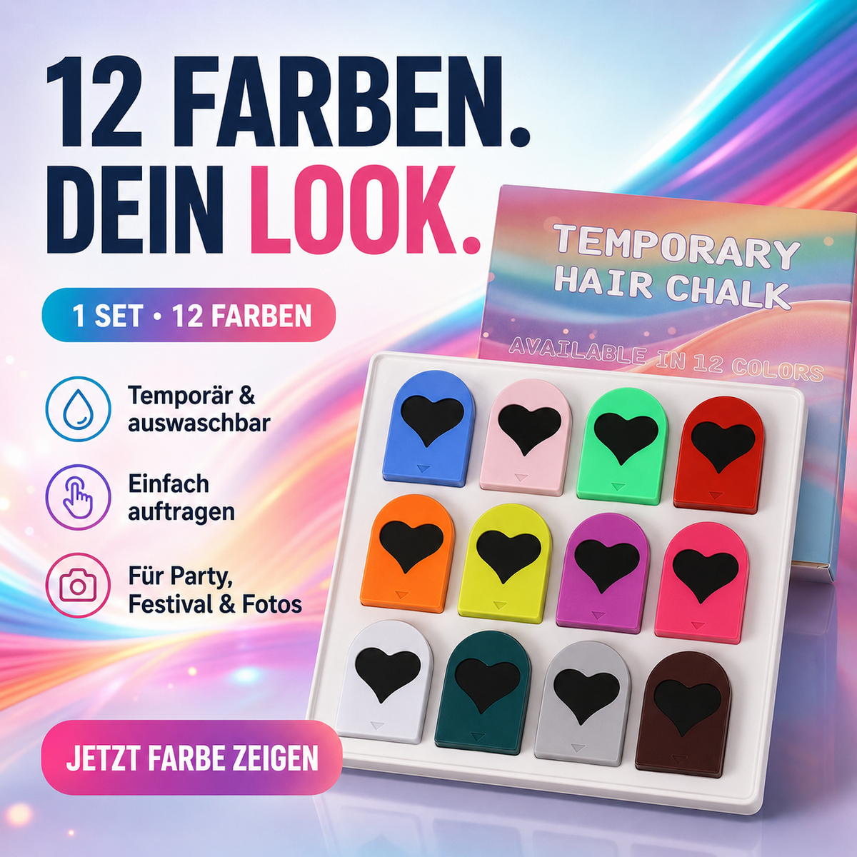 🔥 Letzter Tag: 50 % Rabatt 🌈 Set mit 12 temporären Haar-Kreide-Applikatoren