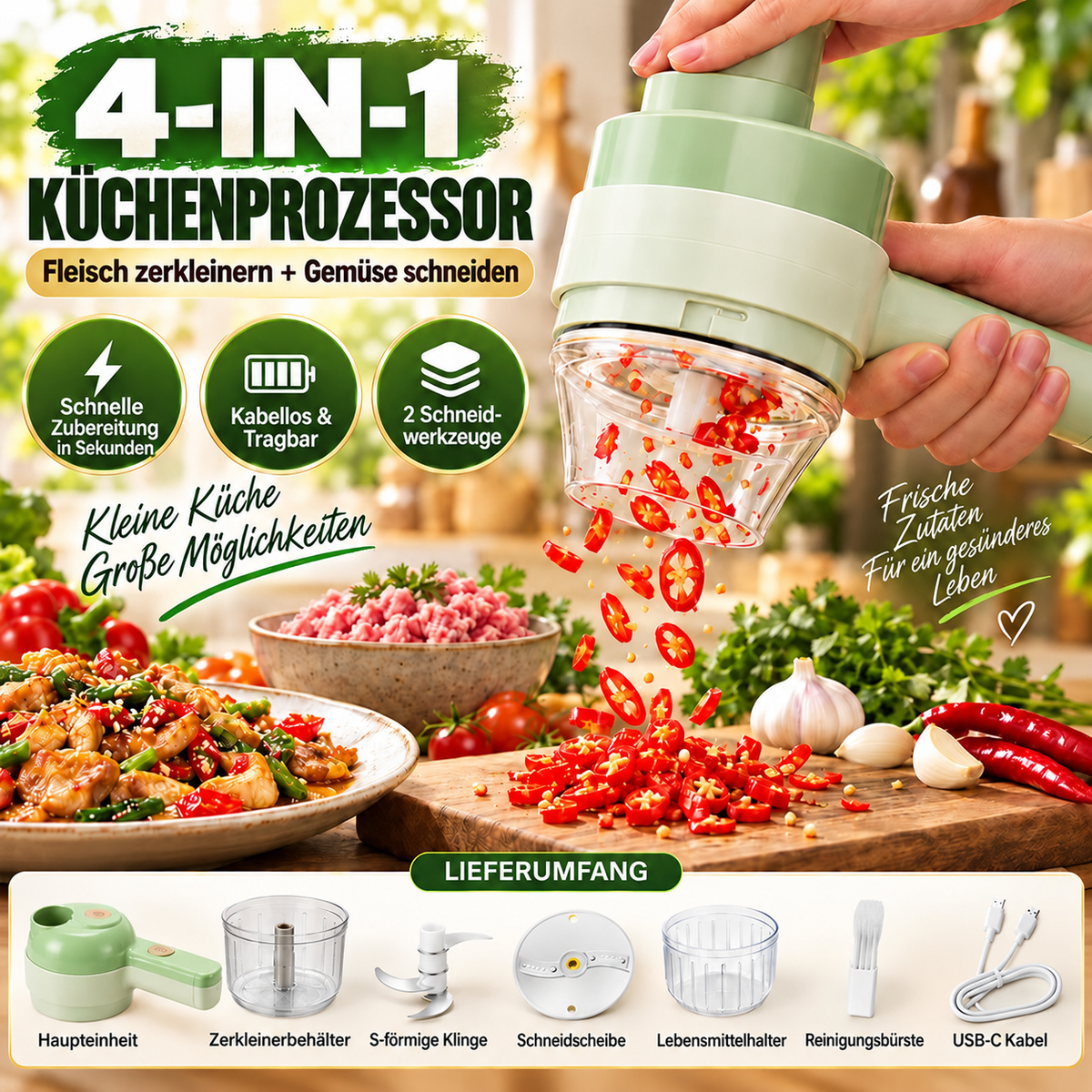 🧄🔄4-in-1 elektrisches Gemüseschneider-Set – kabellose Multifunktions-Küchenmaschine