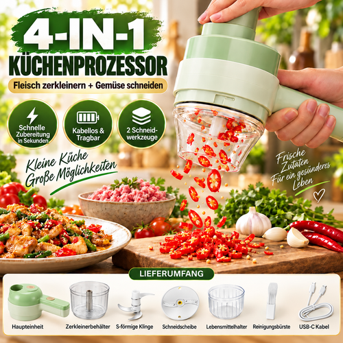 🧄🔄4-in-1 elektrisches Gemüseschneider-Set – kabellose Multifunktions-Küchenmaschine