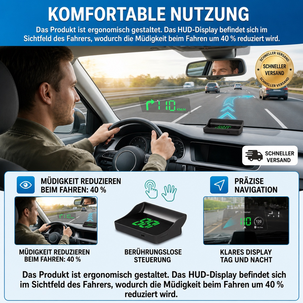 🚘 HUD Head-Up Display – Sicher fahren ohne Ablenkung