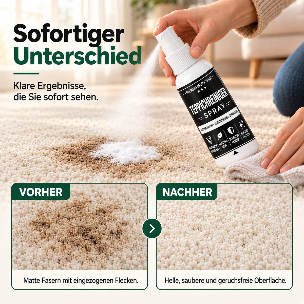 🏆 🏆 1 kaufen, 1 gratis erhalten! 🎁 Tiefenreinigendes Teppichspray – Kraftvolle Formel für Autoinnenräume, Sofas & Teppiche. Mühelose Fleckenentfernung! ✨