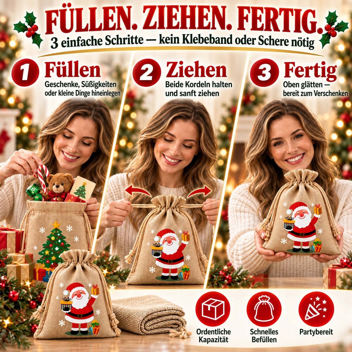 🎄⛄ Weihnachtliche Jute-Geschenkbeutel mit Kordelzug--Lose Süßigkeiten und Geschenke in Sekunden ordentlich verpackt 🎁🎄