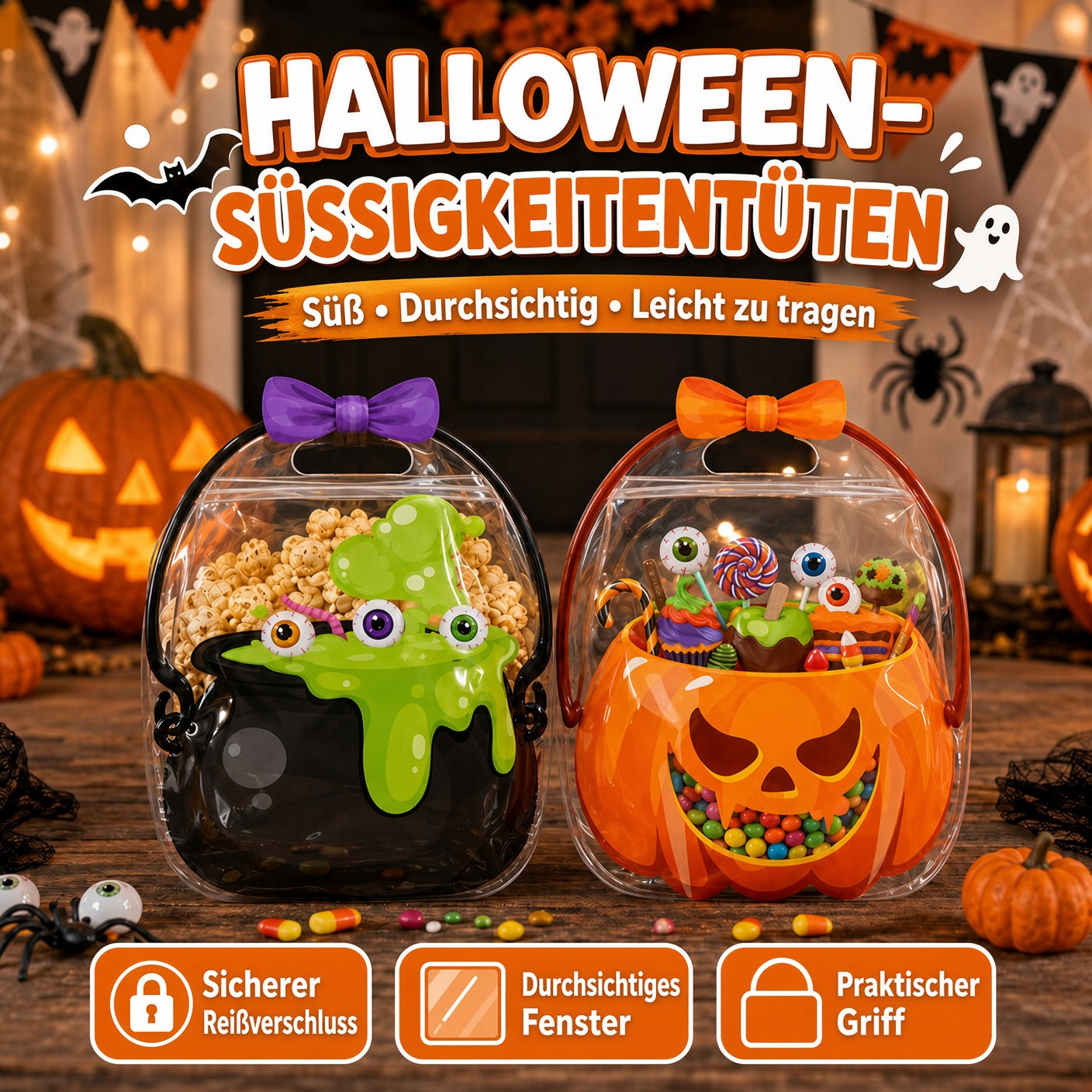 🎃 Einzigartiges Halloween-Design | Süßigkeitentüten aus Kunststoff, perfekt für Süßigkeiten, Geschenke und kreative Verpackungen. 👻