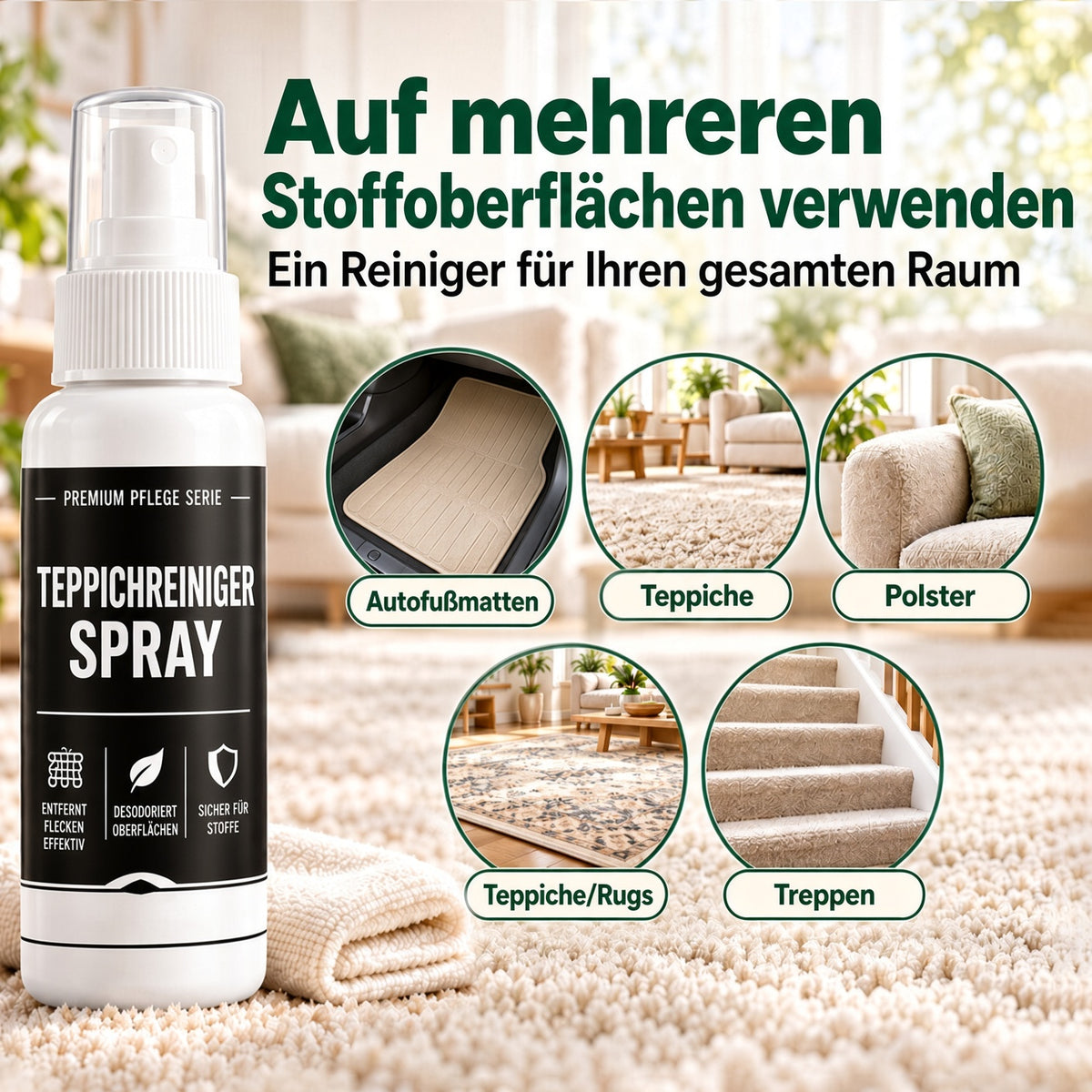🏆 🏆 1 kaufen, 1 gratis erhalten! 🎁 Tiefenreinigendes Teppichspray – Kraftvolle Formel für Autoinnenräume, Sofas & Teppiche. Mühelose Fleckenentfernung! ✨