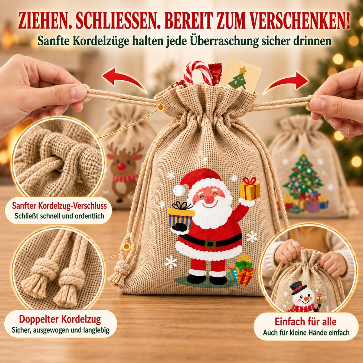🎄⛄ Weihnachtliche Jute-Geschenkbeutel mit Kordelzug--Lose Süßigkeiten und Geschenke in Sekunden ordentlich verpackt 🎁🎄