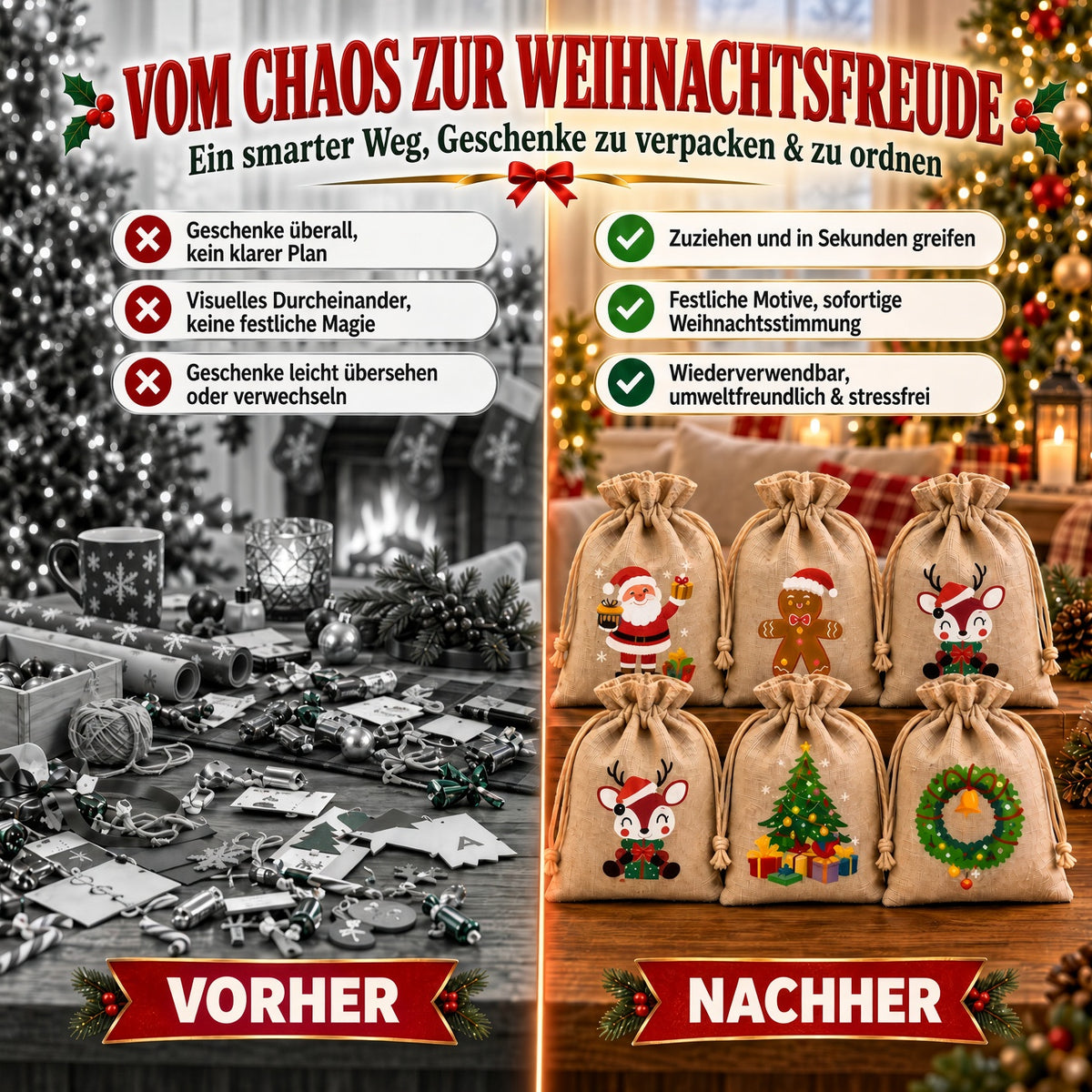 🎄⛄ Weihnachtliche Jute-Geschenkbeutel mit Kordelzug--Lose Süßigkeiten und Geschenke in Sekunden ordentlich verpackt 🎁🎄