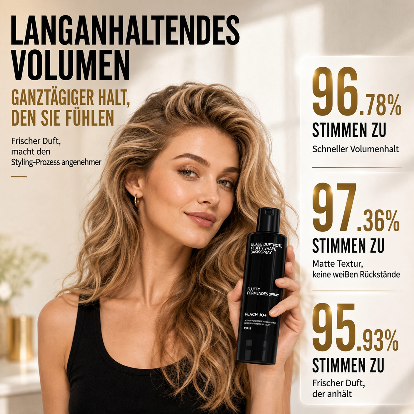 🎉🎉 50 % RABATT | NUR FÜR KURZE ZEIT!  Fluffy Hair Shaping Spray – Haarspray mit lang anhaltendem Pfirsichduft für mehr Volumen und perfekten Halt den ganzen Tag.