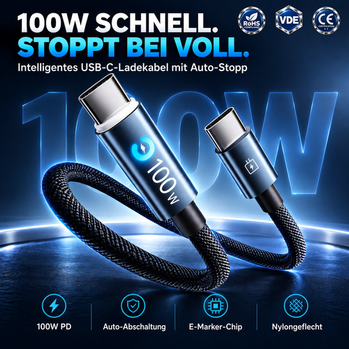 upsell🔋100W USB Schnellladekabel –Schützen Sie Ihren Handyakku vor Beschädigung, Überhitzung und Kabelbruch | geeignet für alle elektronischen Geräte
