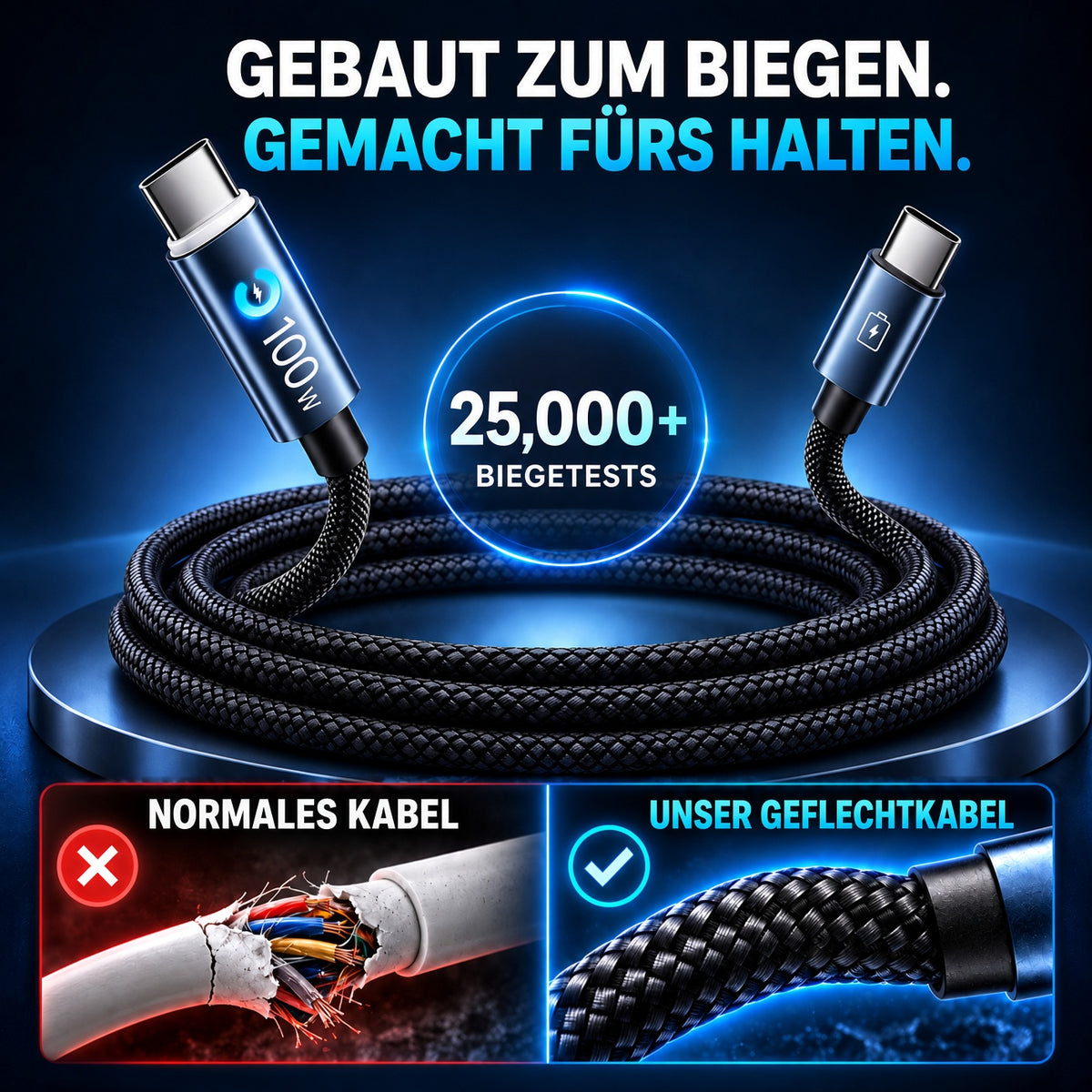 🔋100W USB Schnellladekabel –Schützen Sie Ihren Handyakku vor Beschädigung, Überhitzung und Kabelbruch | geeignet für alle elektronischen Geräte