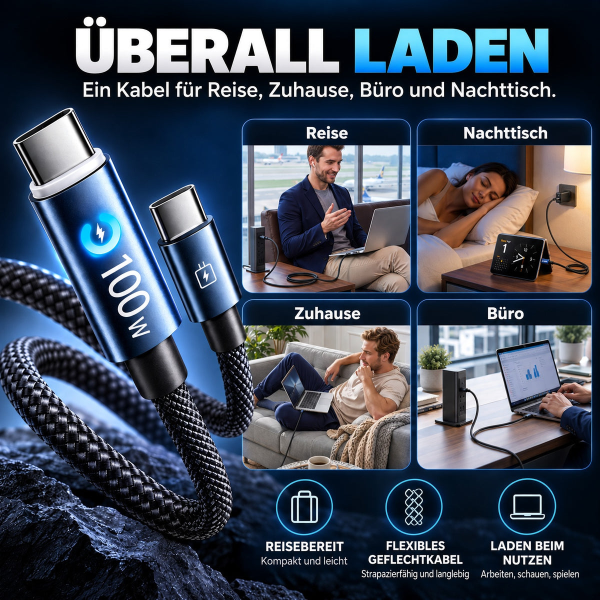 🔋100W USB Schnellladekabel –Schützen Sie Ihren Handyakku vor Beschädigung, Überhitzung und Kabelbruch | geeignet für alle elektronischen Geräte