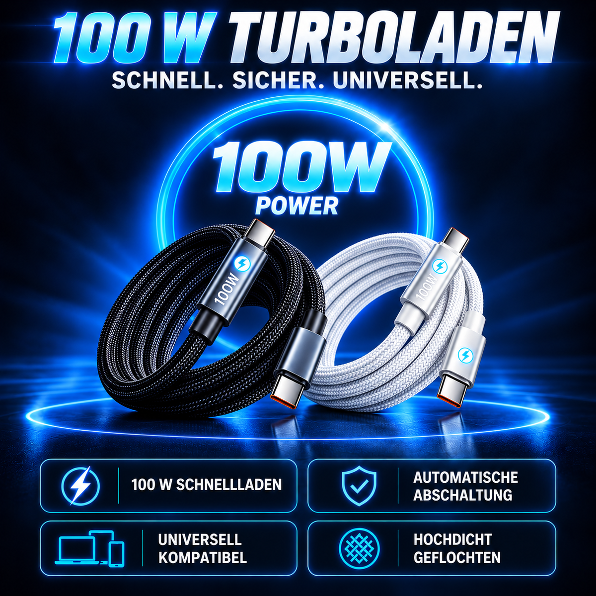 ⚡⚡50% Rabatt！🔋100W USB Schnellladekabel – Geflochten, Robust & mit Überladeschutz🛡️