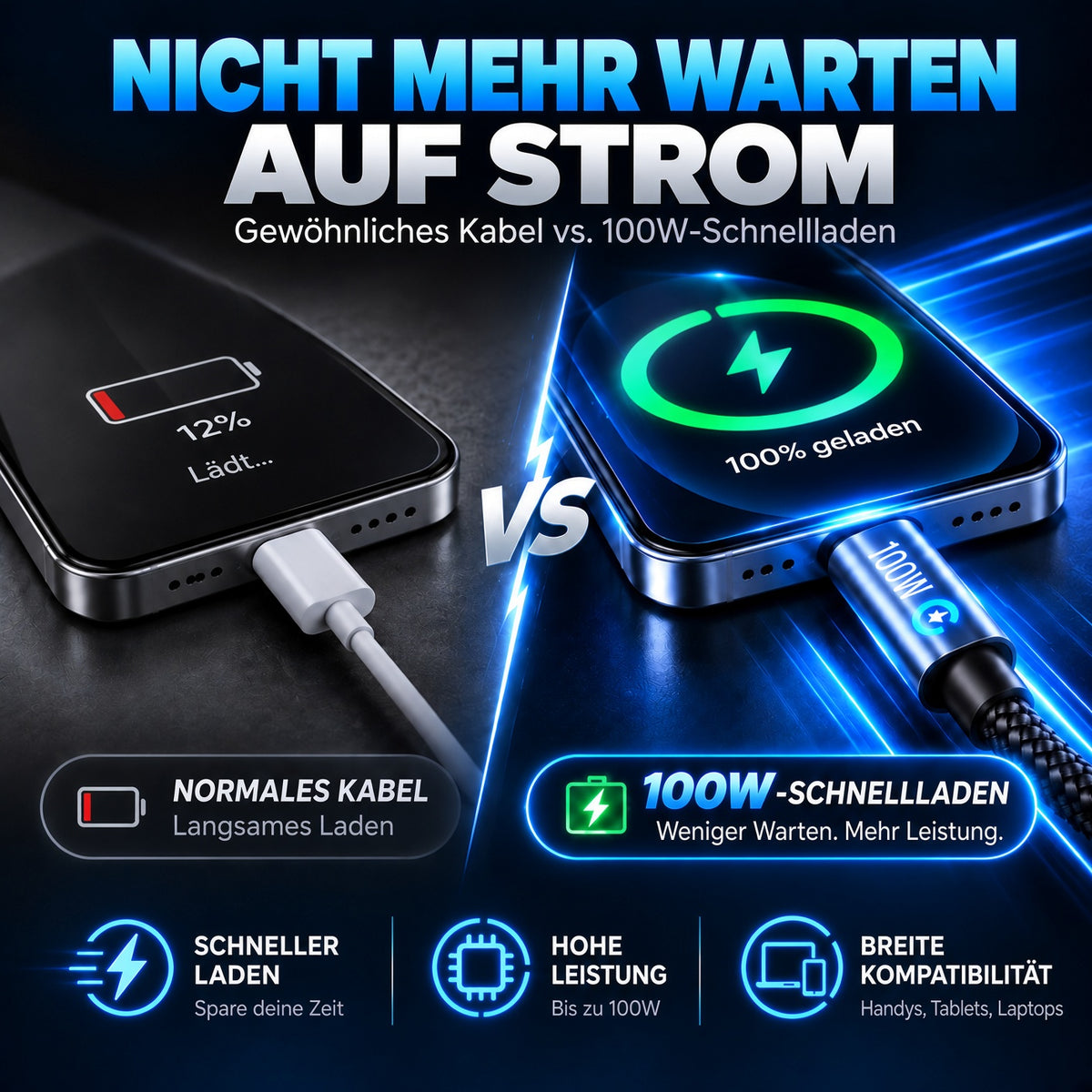 🔋100W USB Schnellladekabel –Schützen Sie Ihren Handyakku vor Beschädigung, Überhitzung und Kabelbruch | geeignet für alle elektronischen Geräte