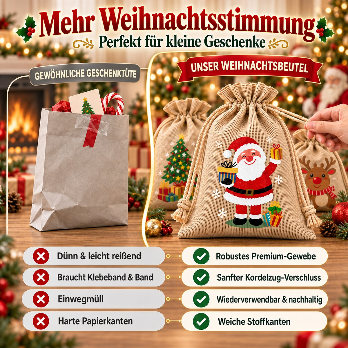 🎄⛄ Weihnachtliche Jute-Geschenkbeutel mit Kordelzug--Lose Süßigkeiten und Geschenke in Sekunden ordentlich verpackt 🎁🎄