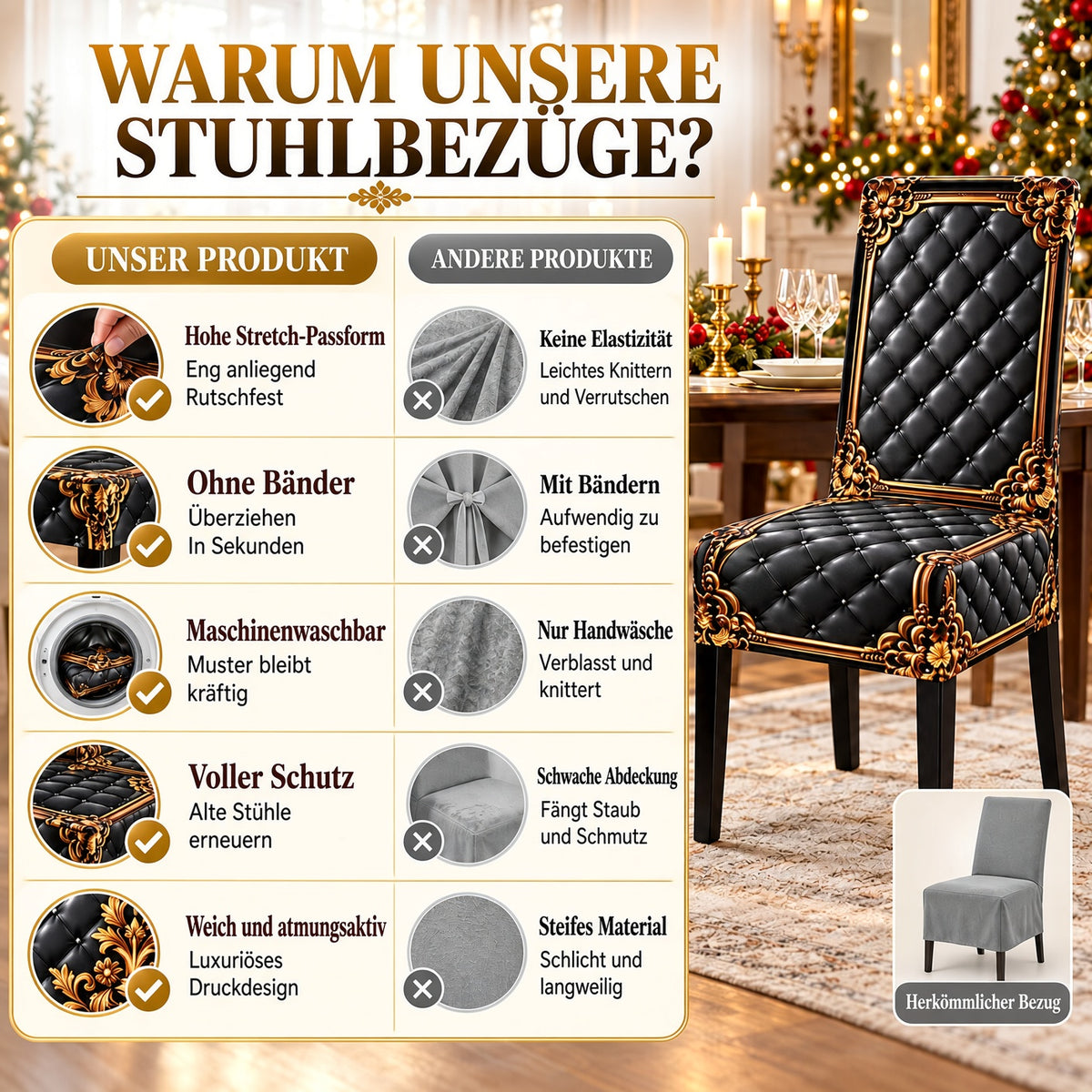 🔥 1 kaufen, 1 gratis! 🪑 Eleganter Barock-Stil Stuhlbezug – Elastischer Esszimmerstuhlbezug mit luxuriösem Design