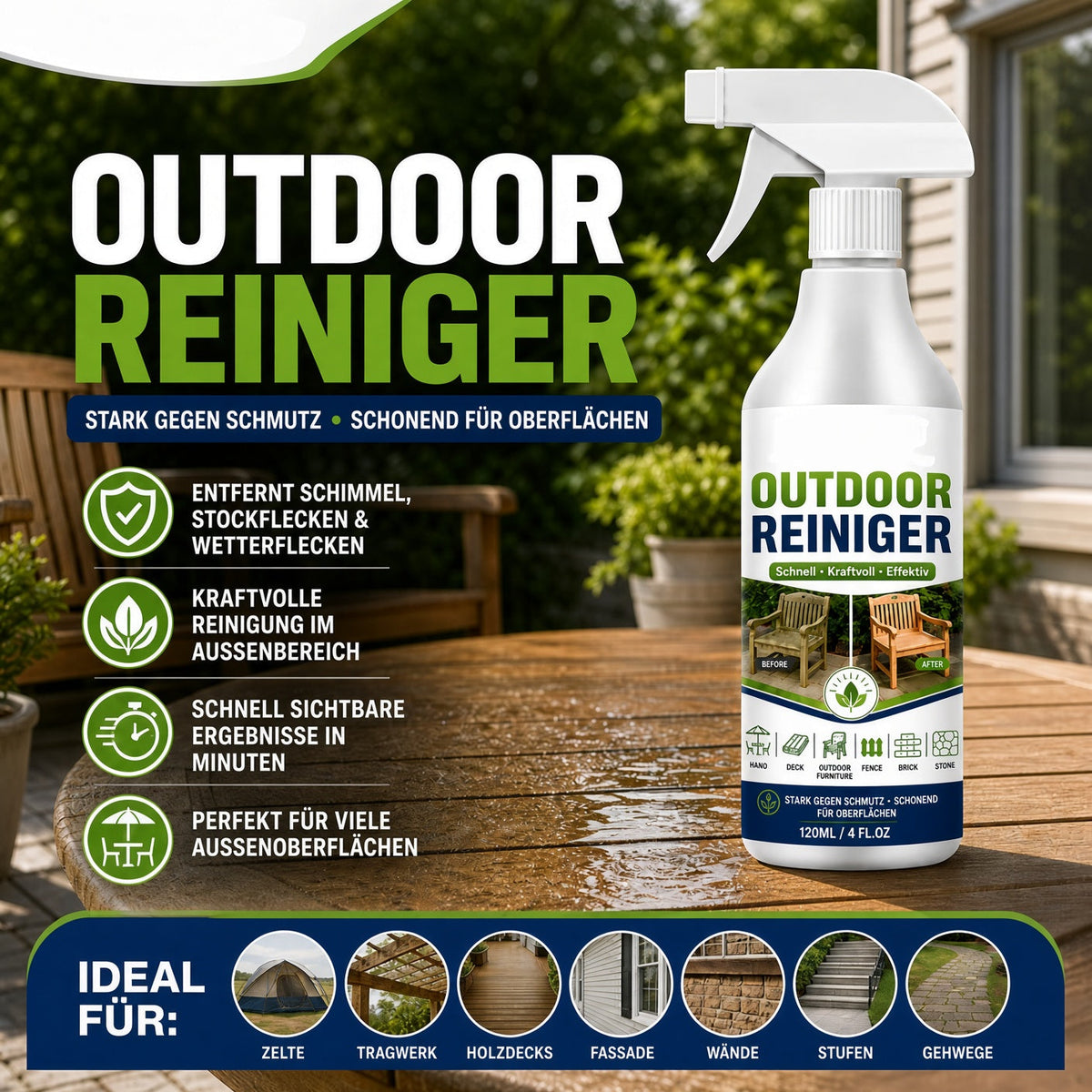 🌿 50% SPAREN | Gegen Grünbelag, Schimmel & schwarze Flecken – Kraftvoller Outdoor-Reiniger für hartnäckigen Schmutz
