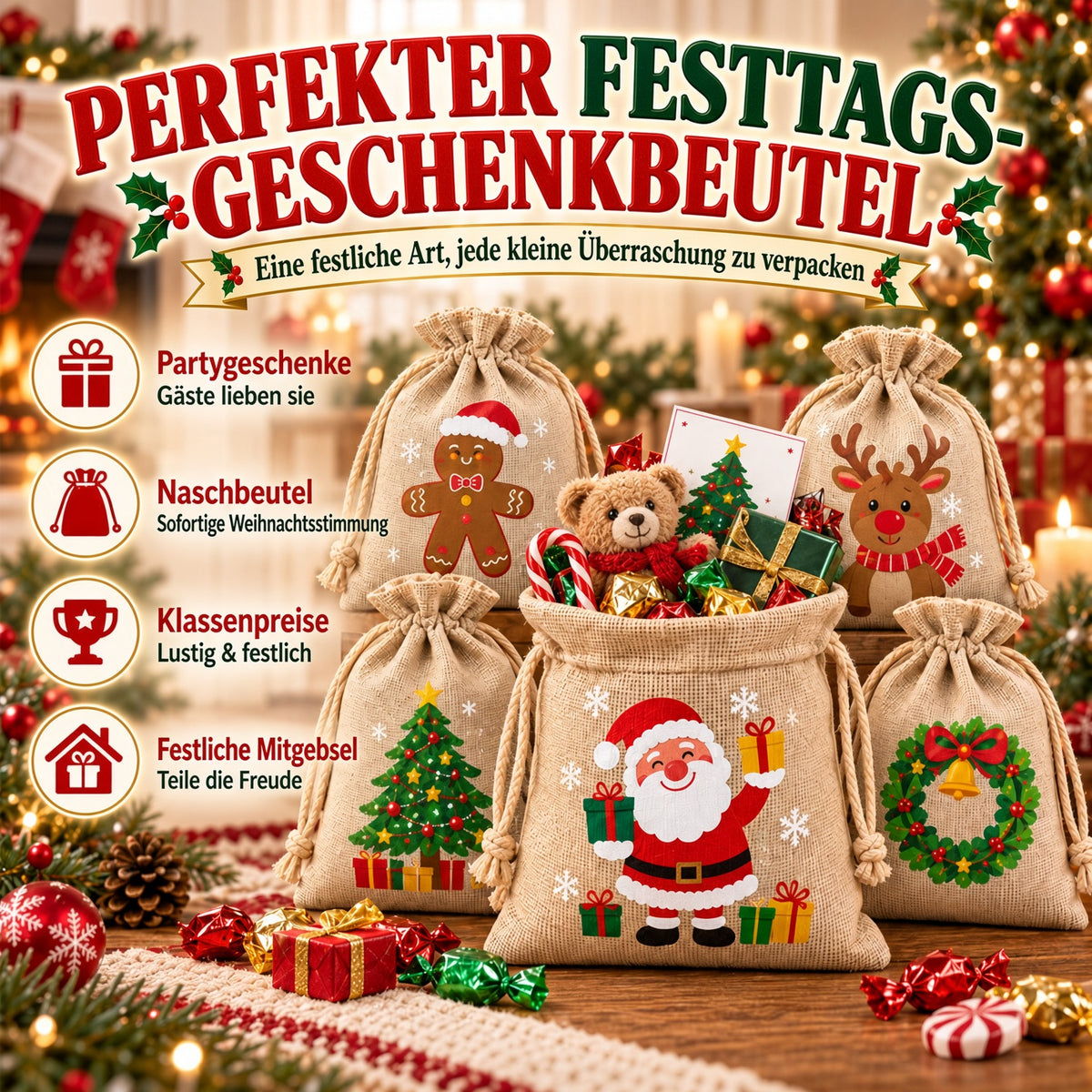 🎄⛄ Weihnachtliche Jute-Geschenkbeutel mit Kordelzug--Lose Süßigkeiten und Geschenke in Sekunden ordentlich verpackt 🎁🎄