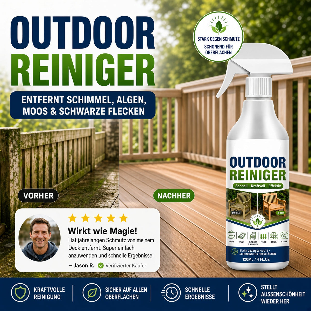 🌿 NUR FÜR KURZE ZEIT 50 % RABATT! Outdoor-Oberflächenreiniger, schnell wirkender Fleckenentferner für Terrassen, Holzmöbel & Außenflächen