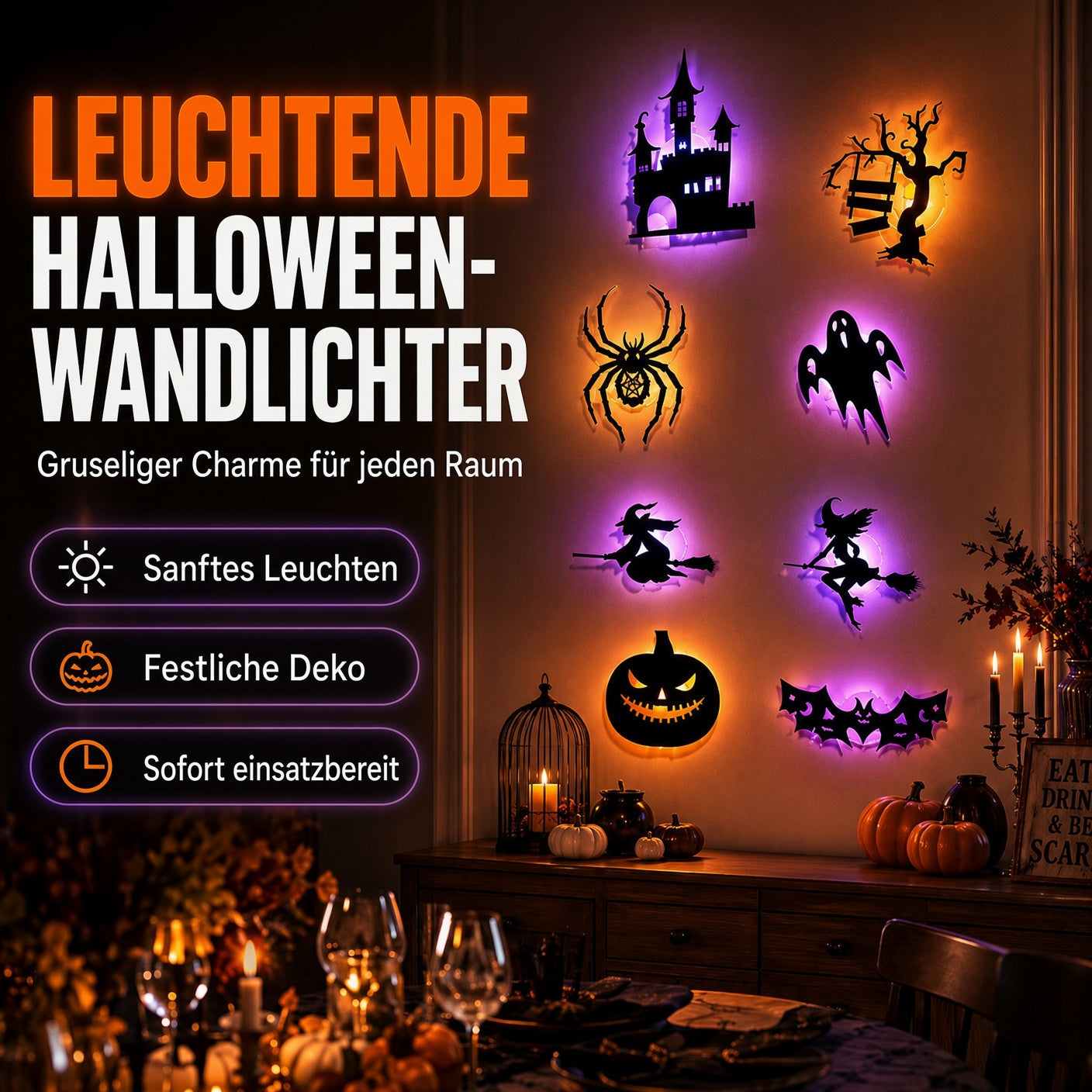 🎃Halloween-Wandaufkleber, die im Dunkeln leuchten✨ Sanftes LED-Licht 🩹 Einfach aufkleben